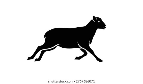 A black silhouette of a sheep running with its legs extended