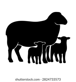 Black silhouette of a sheep with two lambs standing on a plain background, highlighting farm animals and rural life themes.