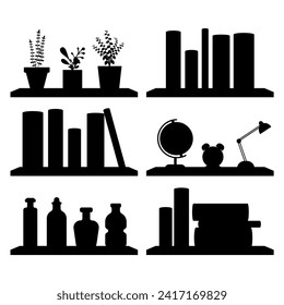 Black silhouette from shelves with books, plants and objects.