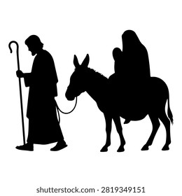 Black silhouette of a shepherd guiding a donkey carrying a rider, emphasizing rural life and traditional transportation methods.