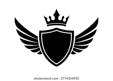 Black silhouette of a shield with wings and a crown on a white background, keywords: shield