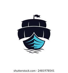 Black silhouette of a ship with a blue sail and waves perfect for nautical-themed designs, Logos or maritime concepts.