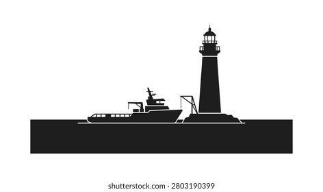 A black silhouette of a ship next to a lighthouse on a white background.   