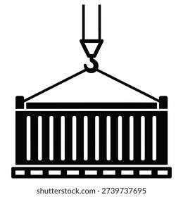 Black silhouette of a shipping container being lifted by crane hook overhead icon