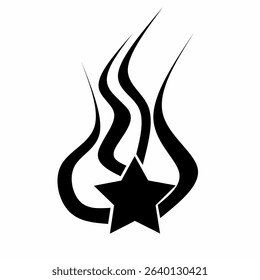 Black silhouette of a shooting star with a black trail on a white background. Suitable for logos about space objects such as meteoroids, comets, asteroids. Vector illustration