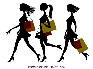 Black silhouette of shopping girls with brown bags isolated on white. Vector illustration