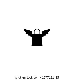 black silhouette of shopping paper bag with wings. flat icon isolated on white.  vector illustration. Stylish package for purchase. Fast delivery, express. Sales, discount.