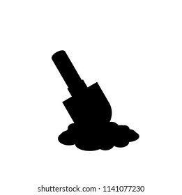 Black silhouette of shovel icon in the soil isolated on white background . Spade vector pictogram illustration, sign, template, clip art for design. 