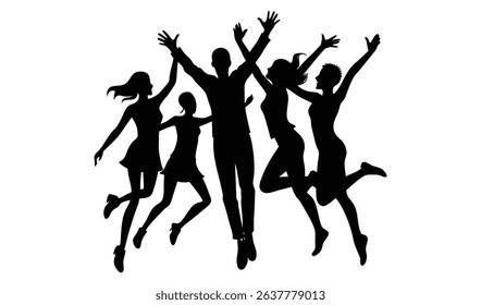 A black silhouette showcases five individuals jumping for joy with arms raised. Three women wear dresses, one man wears pants, and one woman wears a skirt.