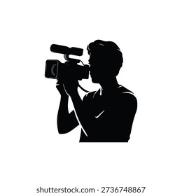 Black silhouette showcasing a cameraman operating a professional video camera. Captures the essence of film production, videography, highlighting the art and skill involved.