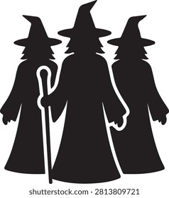 A black silhouette showing three witches wearing pointed hats standing together, with one holding a staff, representing a coven or group