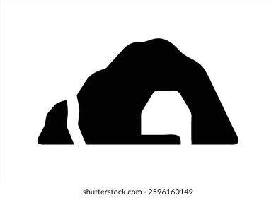 A black silhouette shows a cave entrance surrounded by large rock formations. The smooth curves and lines create an abstract yet recognizable depiction of a natural environment.