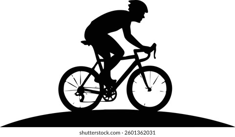 A black silhouette shows a cyclist riding a bicycle, wearing a helmet, positioned on a hill against a white background, creating a minimalist yet dynamic image.