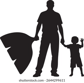 A black silhouette shows a father holding his son's hand, with a large ginkgo leaf in the father's other hand.