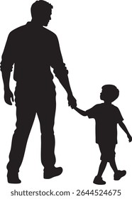 A black silhouette shows a father holding his son's hand, walking together. It represents family, love, and togetherness.