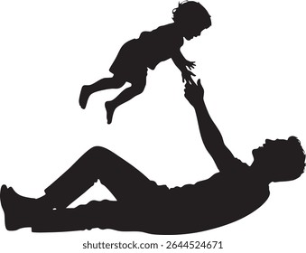 A black silhouette shows a father lying down while lifting his child up in the air.