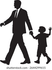 A black silhouette shows a father in a suit walking with his son, who has his hand raised.