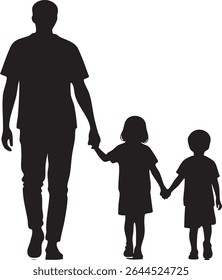A black silhouette shows a father walking with his two daughters, holding their hands, on a white background.