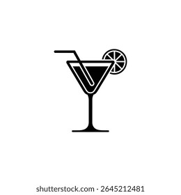 A black silhouette shows a martini glass filled with liquid, a drinking straw inside, and a citrus fruit garnish at the edge of the glass.