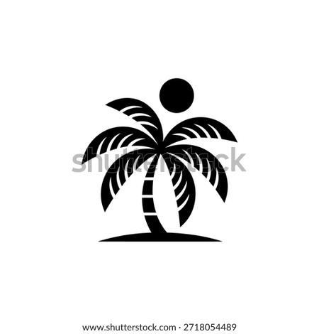Black silhouette shows a palm tree with a sun behind it, evoking relaxation.