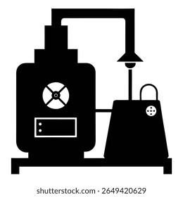 Black silhouette shows a steam powered machine, revealing details such as the pressure gauge, fluid level indicator, and connecting pipes, set against a white background.