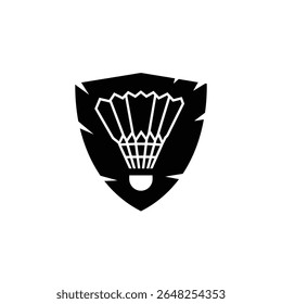 A black silhouette of a shuttlecock inside a stylized feather crest shield shape against a white background The style is simple and graphic
