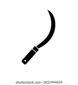 Uma silhueta preta de uma foice é mostrada sobre um fundo branco. A imagem é uma ilustração vetorial simples com um estilo minimalista.