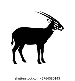 Black silhouette of a sika deer with long, curved horns standing on a white background