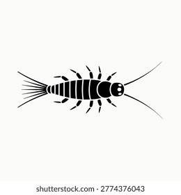Black silhouette of a silverfish insect with antennae and segmented tail on a white background pest arthropod