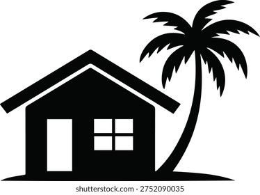 A black silhouette of a simple house with a pitched roof and a single window is positioned next to a tall, slender palm tree with a full frond. The elements are set against a white background, creating a stark, graphic representation of a tropical dwelling.