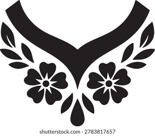 Black silhouette of a simple necklace featuring two large flowers and surrounding leaves. minimalist floral design ideal for apparel, textiles, and various decorative elements.