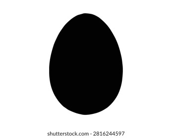 A black silhouette of a simple oval egg shape, isolated on a white background. This food, nature, or concepts of new beginnings.
