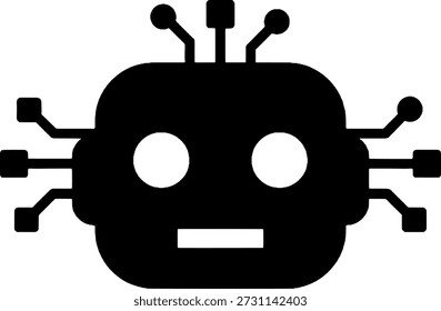 Silueta negra de una cabeza de robot simple con conexiones de circuito integrado y ojos