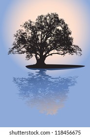 Black silhouette of single beautiful big oak tree with reflection on sunrise. Vector.