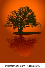 Black silhouette of single beautiful big oak tree with reflection on sunset. Vector.