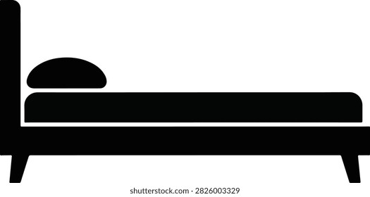 Black silhouette of a single bed with a headboard and pillow isolated on a white background, for bedroom furniture work