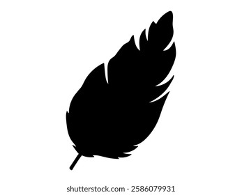 Black Silhouette of Single Feather Isolated on White Background. Concept of Nature Art, Minimalist Design, Elegant Plumage, Graphic Element for Decor, Icon, Wildlife Illustration, Bird Feather