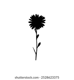 Black silhouette of a single flower stem with bloom and leaves on a white background