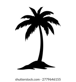 A black silhouette of a single palm tree standing on a small patch of land, isolated against a white background.