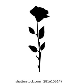 A black silhouette of a single rose flower with stem and leaves, isolated on a white background, emphasizing natural beauty and elegance.