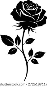 Uma silhueta preta de uma única rosa com várias folhas e um caule contra um fundo branco escuro. A imagem apresenta linhas limpas e um alto contraste entre o assunto preto e o espaço branco negativo.