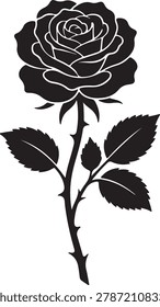 Black silhouette of a single rose on white background