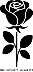 Black silhouette of a single rose with stem and leaves