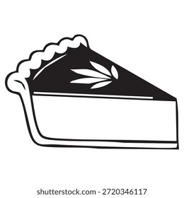 Una silueta negra de una sola rebanada de pastel se presenta sobre un fondo blanco. El pastel tiene un borde decorativo de corteza festoneada. En la superficie del relleno del pastel, hay una decoración estilizada que se asemeja a hojas o un resorte. La rebanada se representa de perfil, mostrando la corteza y el relleno.