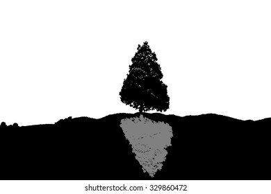 Black silhouette of single tree with shadow isolated on a white background. Vector