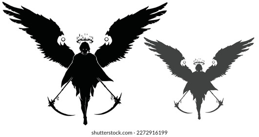A black silhouette of a sinister angel woman, she is punisher of heaven with two paired braids gracefully walks forward spreading huge black wings dressed in a cloak with a crown over her head 2d art