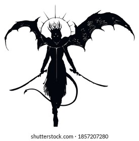 A black silhouette of a sinister demoness with huge wings, gracefully walking forward with two sabers at the ready, gracefully waving her tail. 2D illustration.