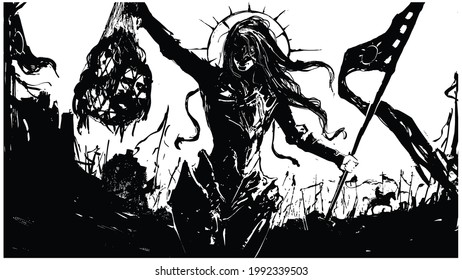 The Black Silhouette Of A Sinister Female Knight In Demonic Armor And Mask, Sh Holds A Net With Severed Heads In One Hand And A Long Flag In The Other, Behind Her Is The Army Of Darkness . 2d 