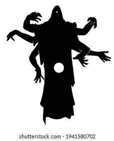 The black silhouette of a sinister magician, a sectarian with many creepy hands in different poses forming a magical sphere of energy. she is parting in the air wearing a loose robe with a hood. 2d