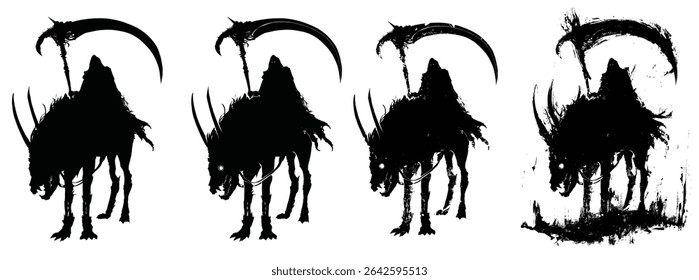A black silhouette of a sinister reaper riding a nasty dog with horns, protruding bones and bared fangs. He is death with a scythe in a torn hood. 2d ink-style illustration.